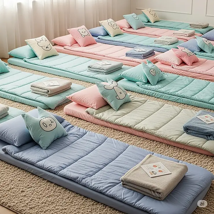 Neatly arranged sleeping bags with matching pillows and blankets, set up for a comfortable slumber party.