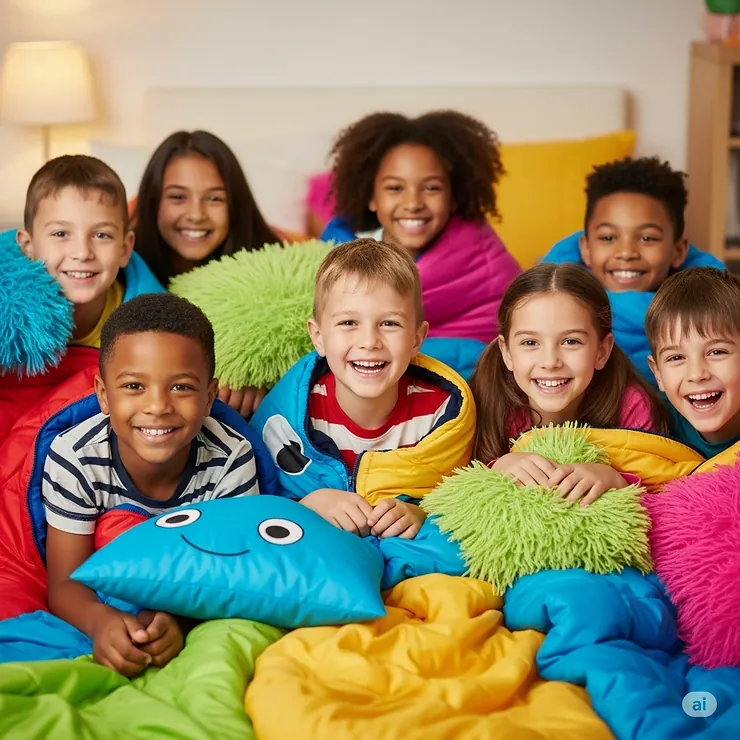 A group of happy kids laughing in colorful slumber party sleeping bags, surrounded by pillows and blankets, ready for a fun night.