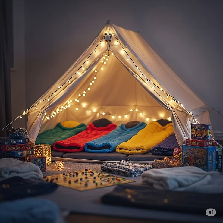 Cozy indoor tent set up for a slumber party, with several sleeping bags inside.