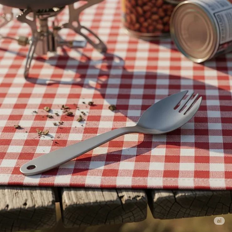 A versatile spork, a combined spoon and fork utensil, resting on a camping tablecloth, showcasing its efficiency for minimalists.