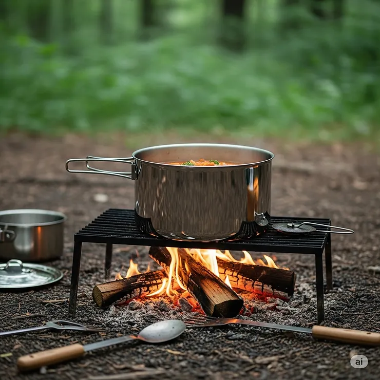 A stainless steel camping pot simmering over an open campfire, demonstrating its versatility for outdoor cooking.