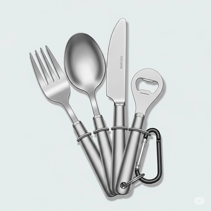 Durable stainless steel camping cutlery set, highlighting its rust-resistant and long-lasting quality ideal for outdoor use.