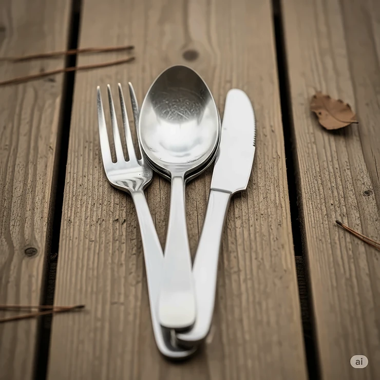 A classic stainless steel camping silverware set, comprising a fork, spoon, and knife, stacked together on a rustic background, known for its durability.