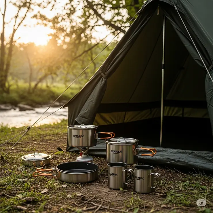 A Stanley camping cookware set placed alongside a tent at a picturesque campsite, highlighting its use in a natural setting.