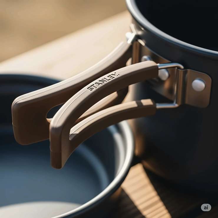 Close-up of the heat-resistant, ergonomic handles on a Stanley camping cookware set, designed for comfortable and safe use.