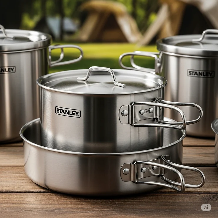 Durable stainless steel pots and pans from a Stanley camping cookware set, showing their sturdy construction.