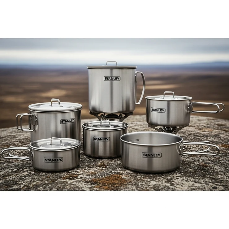 High-quality stainless steel material of a Stanley camping cookware set, emphasizing its rugged durability for outdoor conditions.