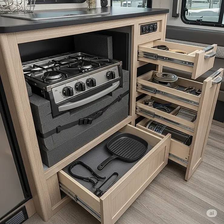 Creative storage solutions depicted for securely stowing a propane stove and accessories within a travel trailers limited space.