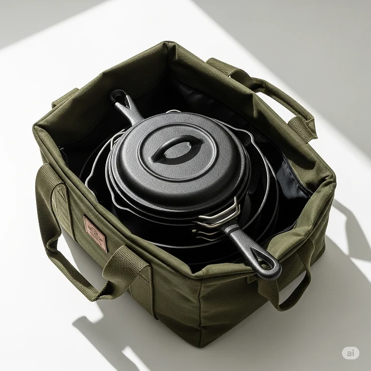 Cast iron camping cookware neatly stacked and stored in a canvas carry bag, demonstrating practical storage and portability for outdoor trips.