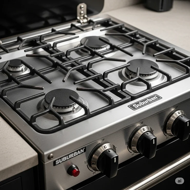 Close-up of the durable burners on a Suburban camper stove, designed for efficient cooking on the road.