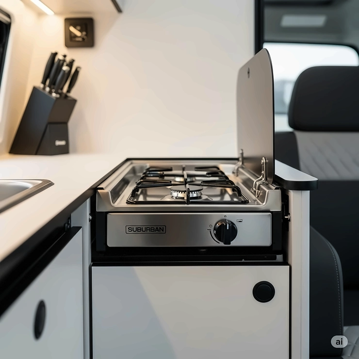 Side view diagram of a Suburban camper stove, highlighting its compact dimensions suitable for various camper van layouts.