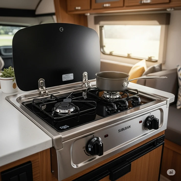 A modern Suburban camper stove with two burners and a glass top, perfect for compact RV kitchens.