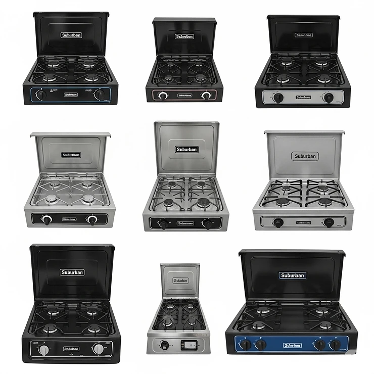 Overview of various Suburban camper stove models and sizes, providing options for different RV and camper needs.