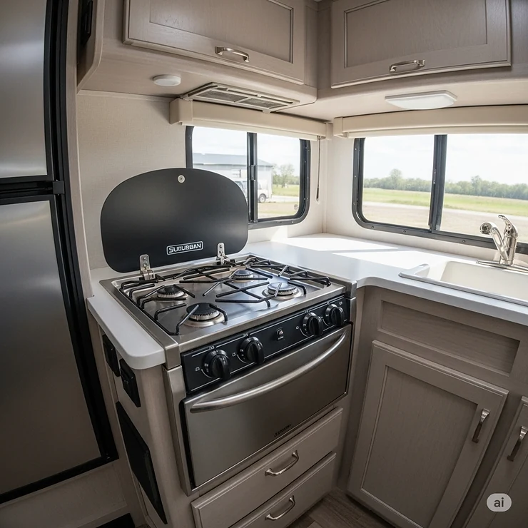 Suburban camper stove integrated into a compact RV kitchen, showcasing space-saving design and functionality.