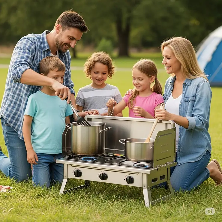 A family enjoys cooking a meal outdoors on a robust three-burner camp stove, highlighting its portability and efficiency for group camping trips.