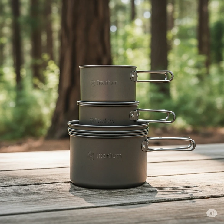 A lightweight titanium camping cookware set, ideal for backpacking and outdoor adventures, neatly stacked on a weathered picnic table in a forest setting.