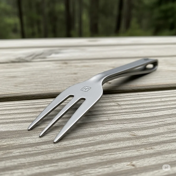 Close-up of a durable titanium camping fork, highlighting its lightweight design and polished finish, ideal for backpacking meals.