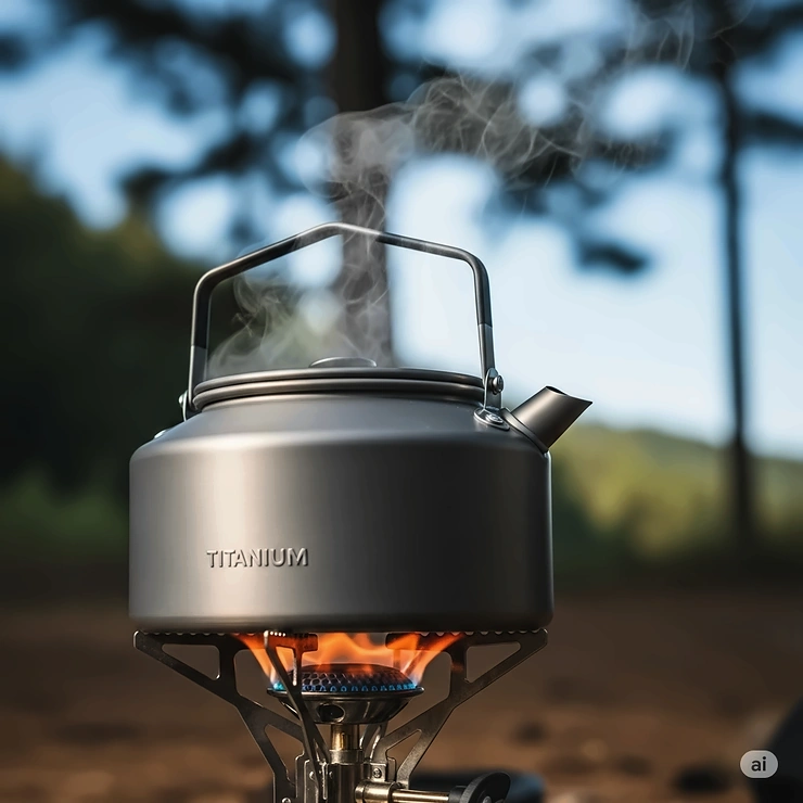 A titanium kettle rapidly boiling water over a portable camping stove, illustrating the efficient heat conductivity of titanium camping cookware.