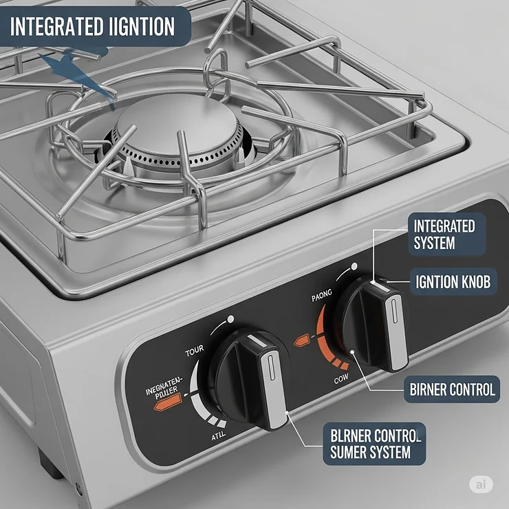 Close-up illustration highlighting the key features of a portable propane stove ideal for travel trailers, including its ignition and burner control knobs.