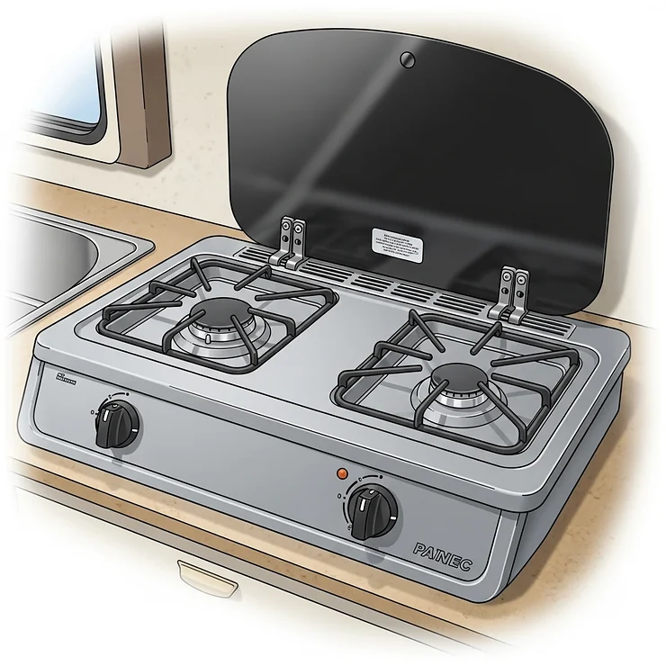 Illustration of a standard two-burner small RV cooktop with control knobs, designed for efficient meal preparation in small RV kitchens.
