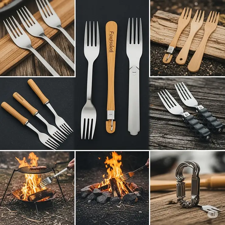 A diverse collection of camping forks, including stainless steel, bamboo, and collapsible options for various outdoor cooking needs.