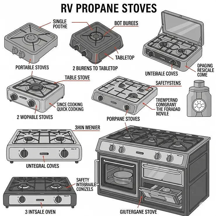 Illustration showcasing various types of propane stoves suitable for RVs and travel trailers, from compact portable units to built-in models.