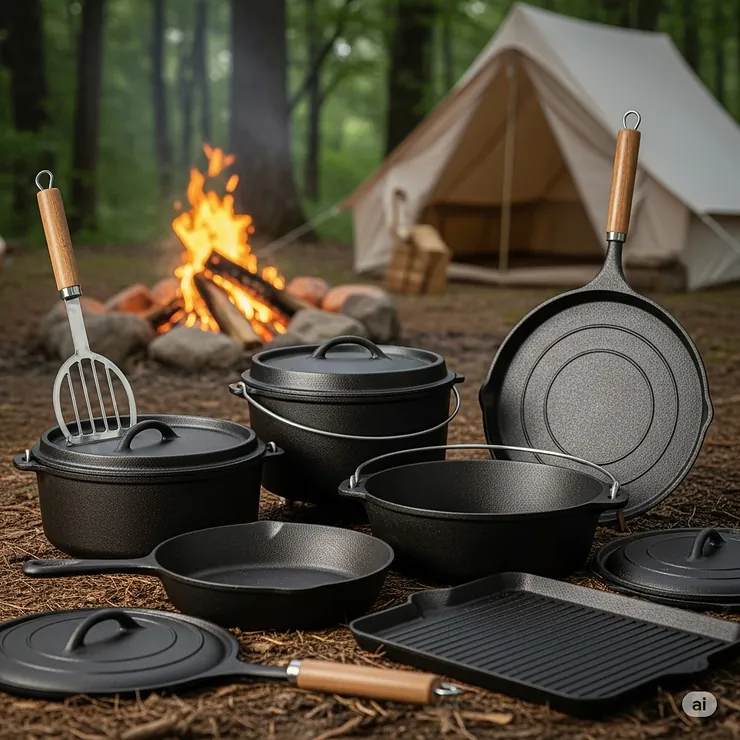 A collection of various cast iron camping cookware pieces, including pots, pans, and a lid lifter, showcasing the range of options available for outdoor enthusiasts.