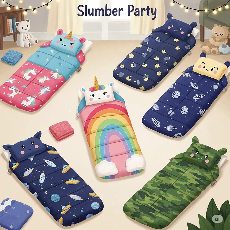Illustration displaying a variety of colorful slumber party sleeping bags, perfect for any kids preference.