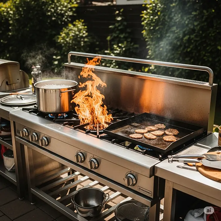 Image showing a heavy-duty outdoor gas burner accommodating various large cookware items, like a stockpot and a griddle.