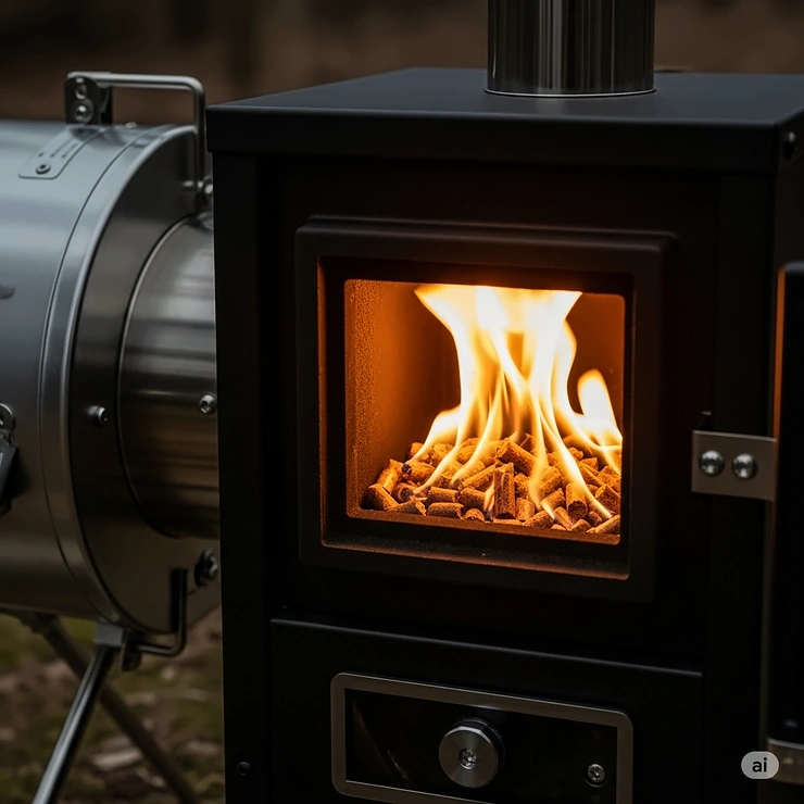 Close-up of a wood pellet camping stove in operation, showcasing a strong, clean-burning flame from compressed wood pellets.