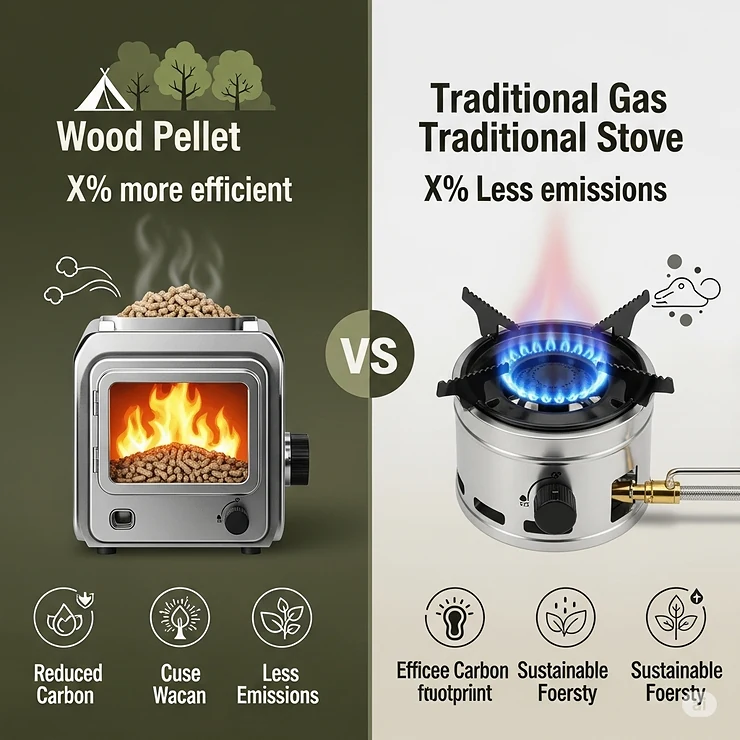 Graphic illustrating the benefits of a wood pellet camping stove compared to traditional gas stoves, highlighting fuel efficiency and environmental friendliness.