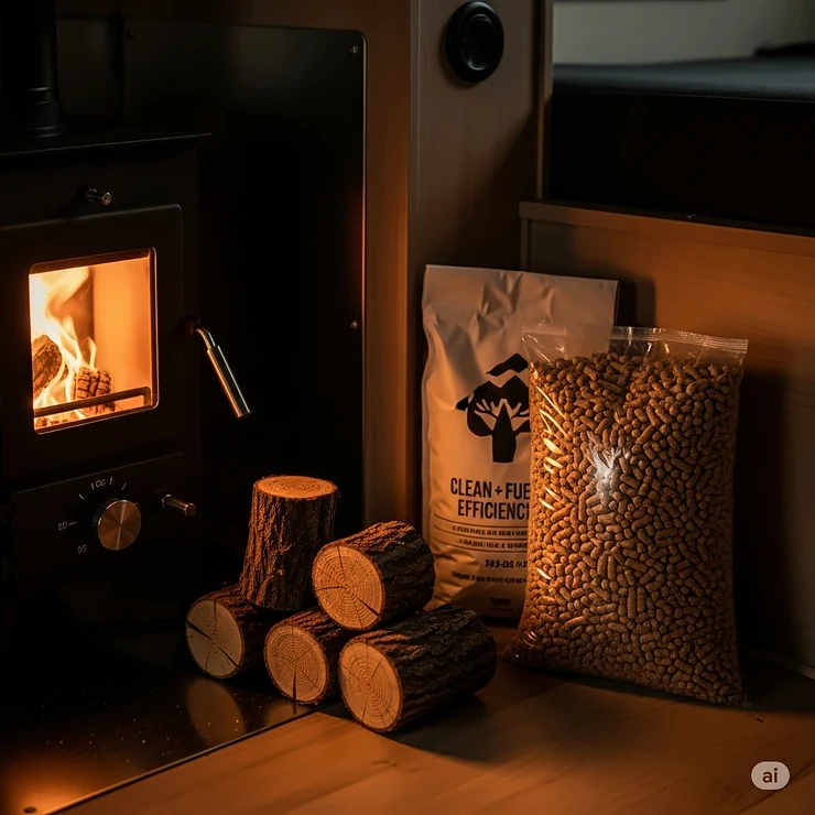 Visual representation of suitable fuel options like small logs or compressed pellets for a small wood stove in a camper, emphasizing efficiency.