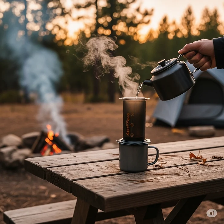 A shot of the AeroPress coffee maker in use at a campsite, demonstrating its compact size and versatility for brewing espresso-style coffee outdoors.