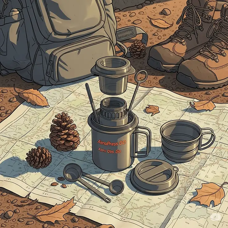 A detailed illustration of the Aeropress Go, highlighting its compact and portable design, perfect for brewing delicious coffee on a backpacking trip.