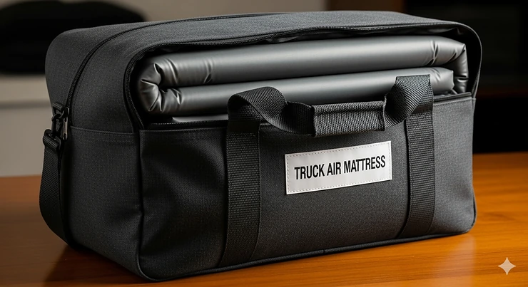 A compact, deflated truck air mattress neatly packed into a carrying bag for easy storage.