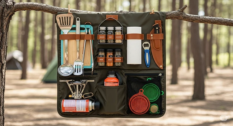 An all-in-one camping kitchen kit hanging from a tree branch, with various compartments and tools visible, highlighting its convenience and accessibility.