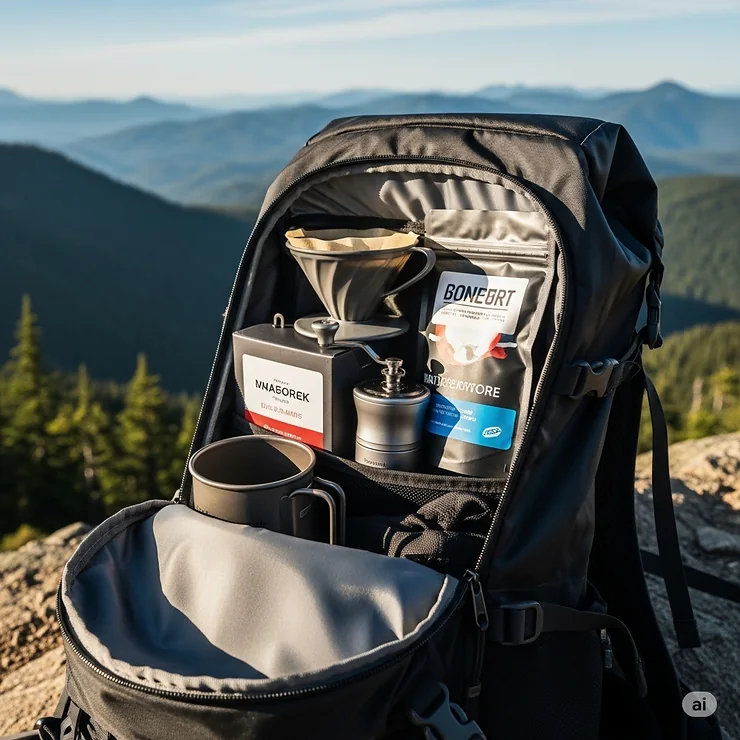 A compact pour-over coffee kit neatly packed inside a hiking backpack, highlighting the portability of camping pour over coffee essentials.