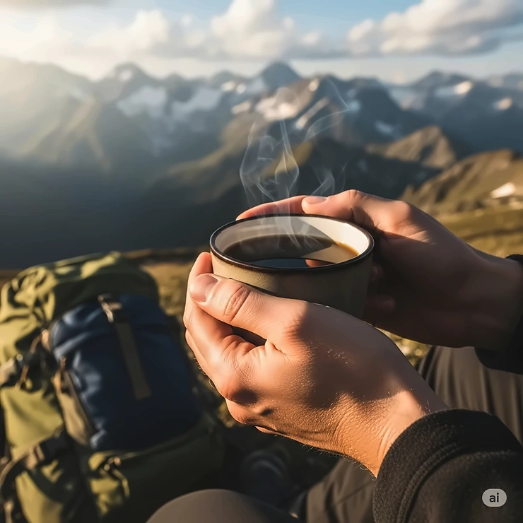 A close-up shot of a person's hands holding a freshly brewed cup of coffee outdoors, with a scenic mountain backdrop and a backpack visible nearby. This image captures the essence of enjoying coffee while backpacking.
