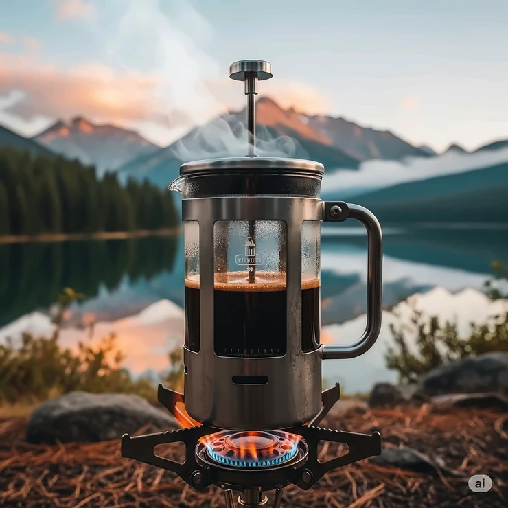 A shot of a rugged stainless steel camping French press brewing coffee on a portable stove with a scenic mountain and lake backdrop. best camping french press