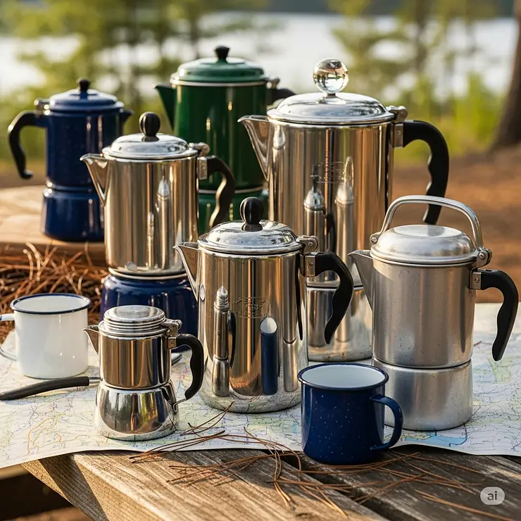 A collection of different styles and sizes of coffee percolators, highlighting the best options for campers.