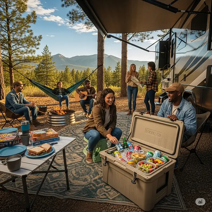 A group of campers relaxing outside their RV with a high-performance cooler filled with drinks and food, perfect for extended trips. This image highlights the benefits of a quality cooler for RV life. best cooler for rv camping