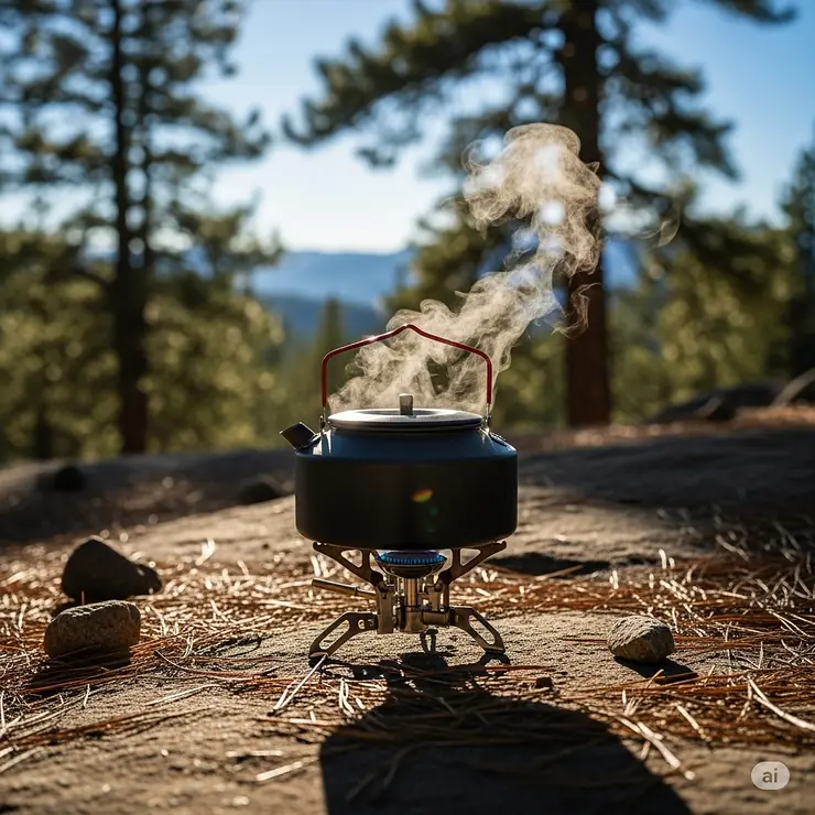 A kettle boiling water on a small, portable camping stove outdoors, essential for brewing a perfect camping pour over coffee.