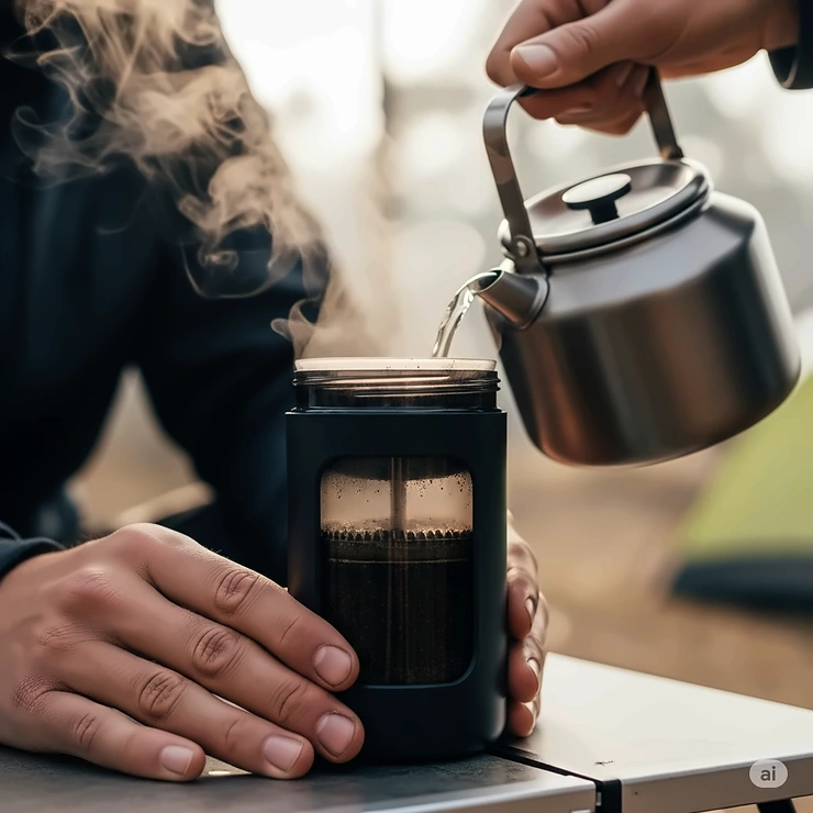 A close-up shot of a person pouring hot water into a travel French press to brew coffee while camping.