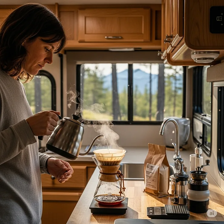 A person brewing coffee in an RV kitchen using a specialized coffee pot.