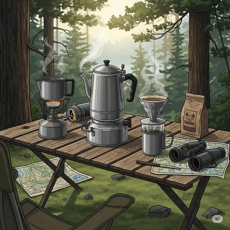 Illustration of a simple yet effective camp coffee brewing setup, featuring a pour-over or percolator, an important part of a morning camping kitchen station routine.
