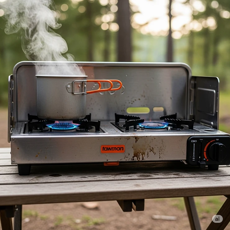 A custom-built wooden chuck box containing all essential camping kitchen supplies for easy transport and setup.