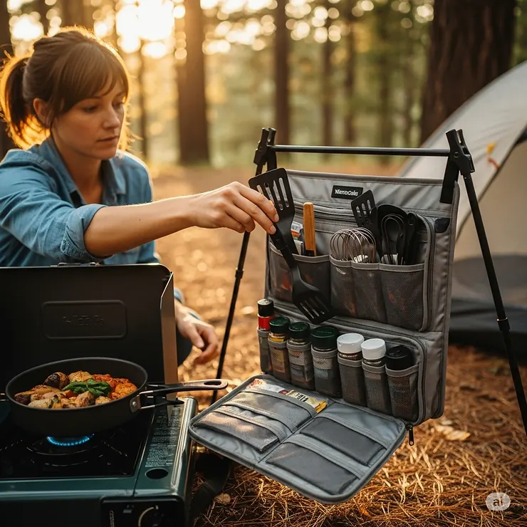 A camper reaching into a camp kitchen organizer bag to retrieve a cooking utensil while preparing a meal at an outdoor campsite, emphasizing the bag's convenience and accessibility.