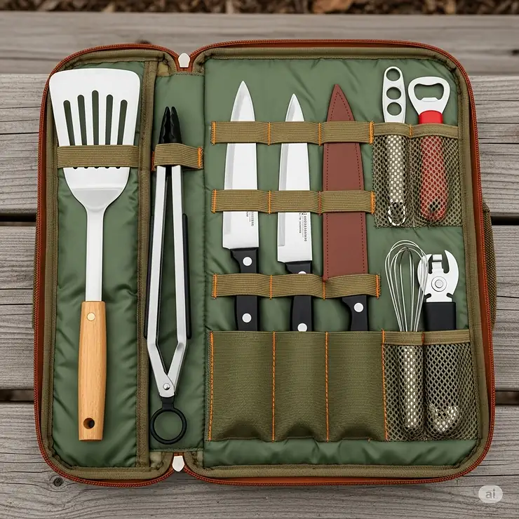 Interior view of a camp kitchen organizer bag, showing dedicated padded compartments and elastic straps for securely holding various cooking utensils like spatulas, tongs, and knives.