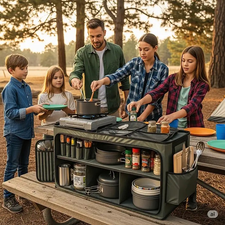 A family using a camp kitchen organizer during a camping trip, highlighting its usefulness for keeping cooking supplies in one place.