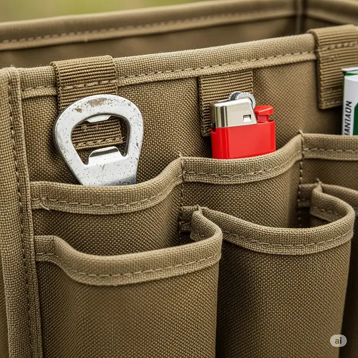 A close-up view of a camp kitchen organizer's storage pockets, designed to hold small items like lighters and bottle openers.